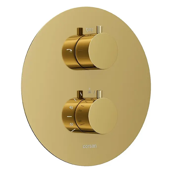 Bad Land UP-Brausethermostat LUGO Duschsystem Set thermostatisch UP mit Kopfbrause Gold - Eckig, Gold, Glänzend - Gebürstete goldene Thermostat-Duscharmatur mit zwei runden Reglern für Wasserfluss (AUS/Duschsymbol) und Temperatur (38, 45, 50).