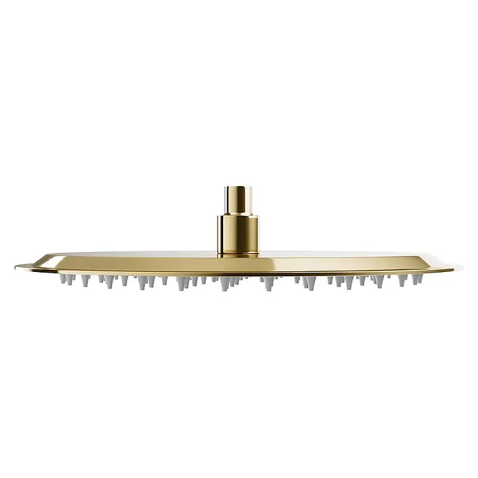 Bad Land UP-Brausethermostat LUGO Duschsystem Set thermostatisch UP mit Kopfbrause Gold - Eckig, Gold, Glänzend - Polierter goldener runder Duschkopf mit weißen Silikondüsen.
