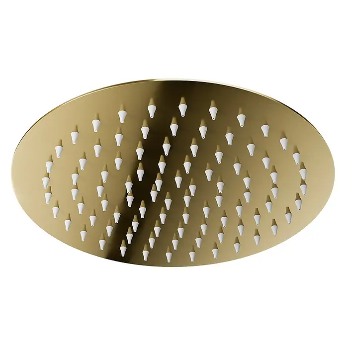 Bad Land UP-Brausethermostat LUGO Duschsystem Set thermostatisch UP mit Kopfbrause Gold - Eckig, Gold, Glänzend - Runder Duschkopf in gebürstetem Gold mit weißen, flexiblen Antikalkdüsen.