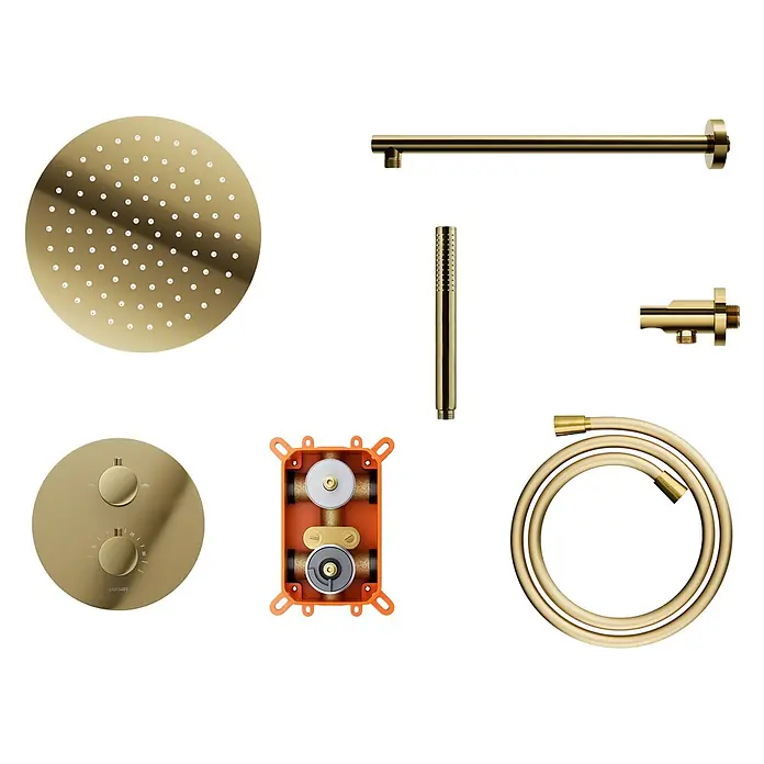 Bad Land UP-Brausethermostat LUGO Duschsystem Set thermostatisch UP mit Kopfbrause Gold - Eckig, Gold, Glänzend - Komplettes Duschsystem in Goldoptik: runder Regenbrausekopf, Duscharm, Handbrause, Thermostatmischer, Schlauch und Wandanschluss.
