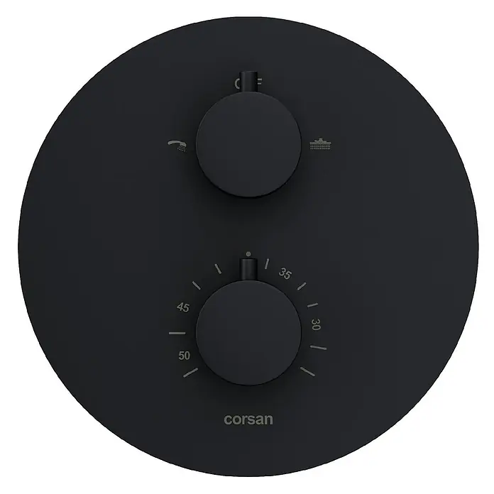 Komplettes Duschsystem Thermostatisch LUGO Unterputz Armatur Wasserhahn mit Kopfbrause in Schwarz -  - Mattschwarze Thermostat-Duscharmatur mit zwei runden Bedienelementen für Auslasswahl und Temperatur.