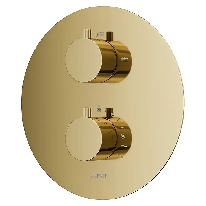 Bad Land UP-Brausethermostat LUGO Duschsystem Set thermostatisch UP mit Kopfbrause Gold - Eckig, Gold, Glänzend - Goldener Duschthermostat mit zwei Knöpfen: einer für Fluss/Aus, einer für Temperatur (z.B. 30-38°C).