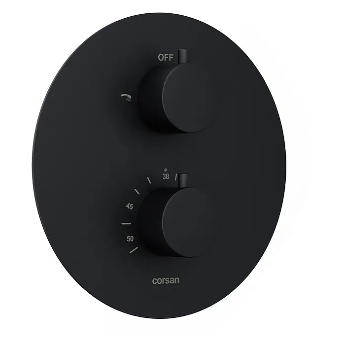 Bad Land UP-Brausethermostat LUGO Duschsystem Set thermostatisch UP mit Kopfbrause Schwarz - Eckig, Schwarz, Matt - Mattschwarzer Corsan Duschmischer mit zwei Drehknöpfen: einer für Aus/Duschfluss, einer für Temperaturregelung (38, 45, 50 Grad).