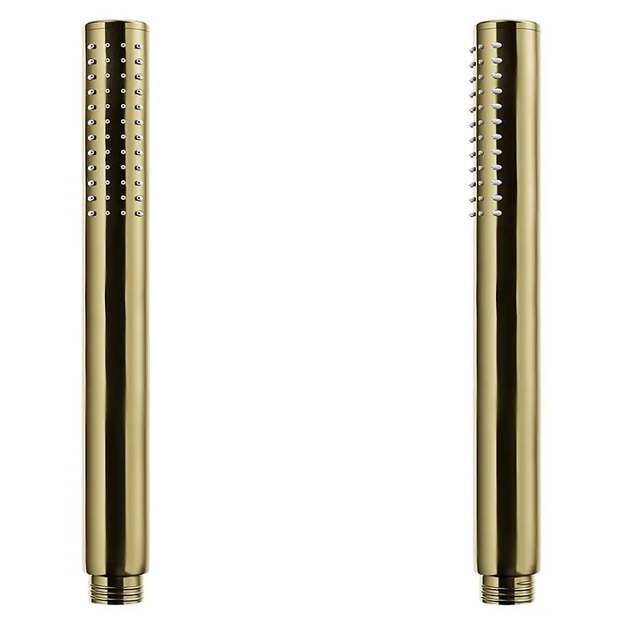 Komplettes Duschsystem Thermostatisch LUGO Unterputz Armatur Wasserhahn mit Kopfbrause in Gold -  - Zwei polierte goldene Brausestangen, jede mit mehreren kleinen Sprühdüsen.