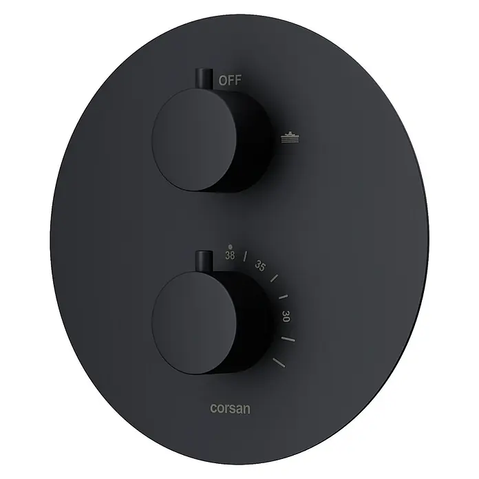 Bad Land UP-Brausethermostat LUGO Duschsystem Set thermostatisch UP mit Kopfbrause Schwarz - Eckig, Schwarz, Matt - Mattschwarzes rundes Duschbedienfeld von Corsan mit zwei Drehknöpfen, einem für den Wasserfluss (aus/Duschsymbol) und einem für die Temperatur (30, 35, 38).