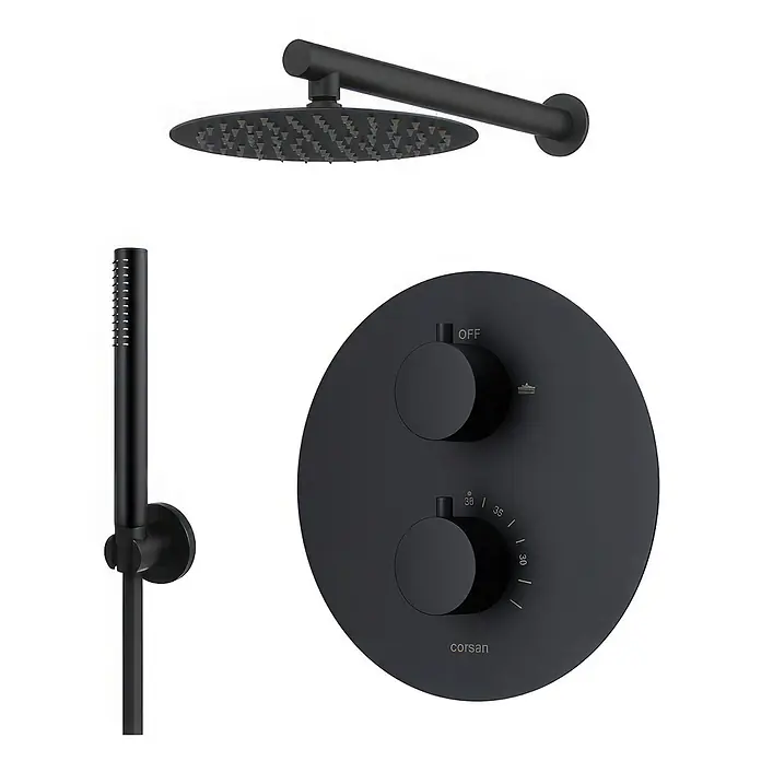 Komplettes Duschsystem Thermostatisch LUGO Unterputz Armatur Wasserhahn mit Kopfbrause in Schwarz -  - Mattschwarzes Duschset mit Regenduschkopf, Handbrause und runder Bedientafel.