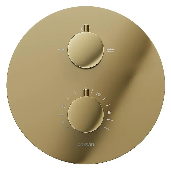 Bad Land UP-Brausethermostat LUGO Duschsystem Set thermostatisch UP mit Kopfbrause Gold - Eckig, Gold, Glänzend - Rundes, goldenes Unterputz-Duschthermostat mit zwei Reglern für Duschtyp und Temperatur (30-50 Grad).