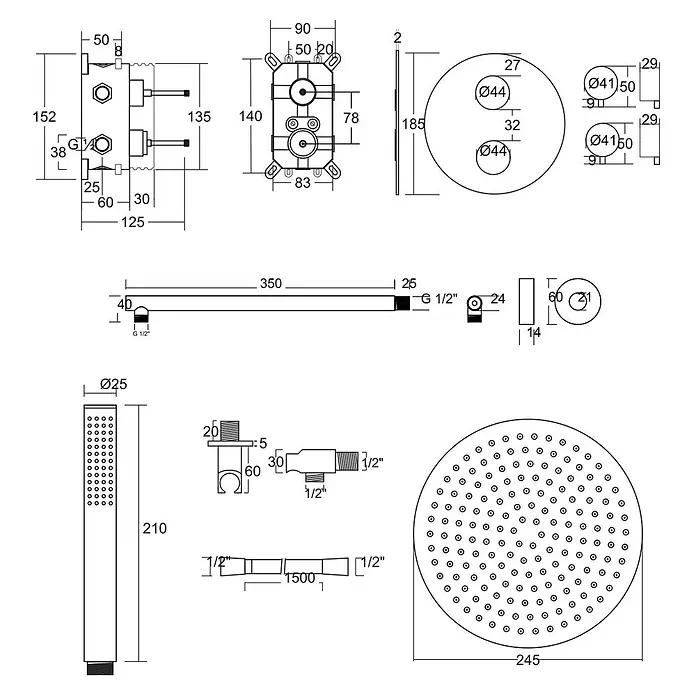 Bad Land UP-Brausethermostat LUGO Duschsystem Set thermostatisch UP mit Kopfbrause Schwarz - Eckig, Schwarz, Matt - Technische Zeichnung eines Duschsystems mit Mischer, Brausearm, runder Duschkopf, Handbrause und Schlauch, mit Maßen.