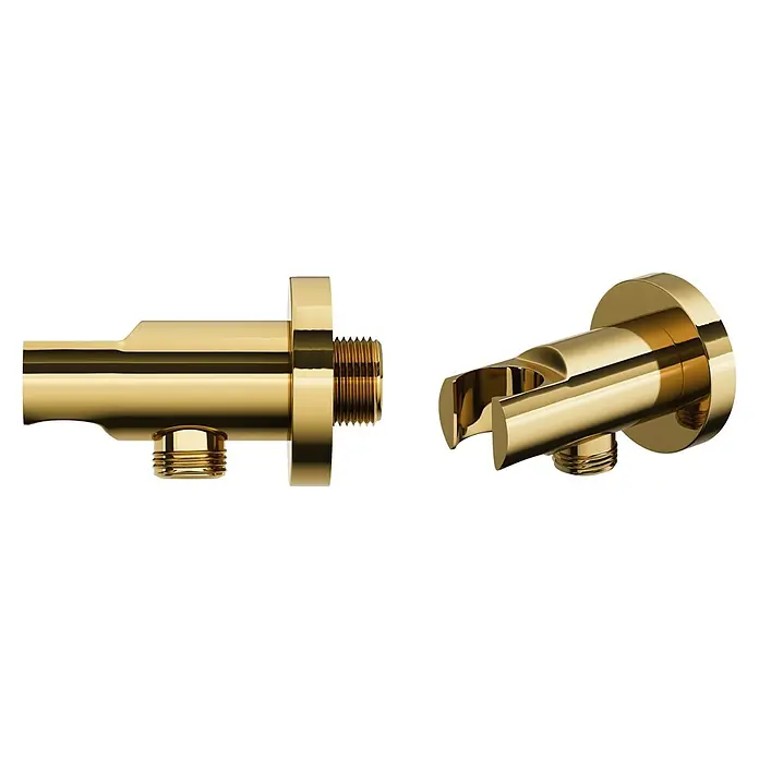 Bad Land UP-Brausethermostat LUGO Duschsystem Set thermostatisch UP mit Kopfbrause Gold - Eckig, Gold, Glänzend - Zwei polierte Messing-Armaturen: eine mit Außengewinde, die andere ein wandmontierter Brausehalter mit Gewindebasis.