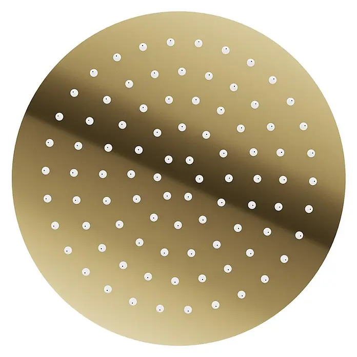 Komplettes Duschsystem Thermostatisch LUGO Unterputz Armatur Wasserhahn mit Kopfbrause in Gold -  - Runder goldener Duschkopf mit zahlreichen weißen Düsen.