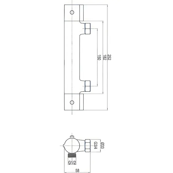 Brausearmatur Wasserhahn SLIM Brausebatterie für Badezimmer in Silber -  - Technische Zeichnung eines Sanitär-Mischventilkörpers mit G1/2 und G3/4 Anschlüssen, Maße 252mm Länge, 33mm Durchmesser.