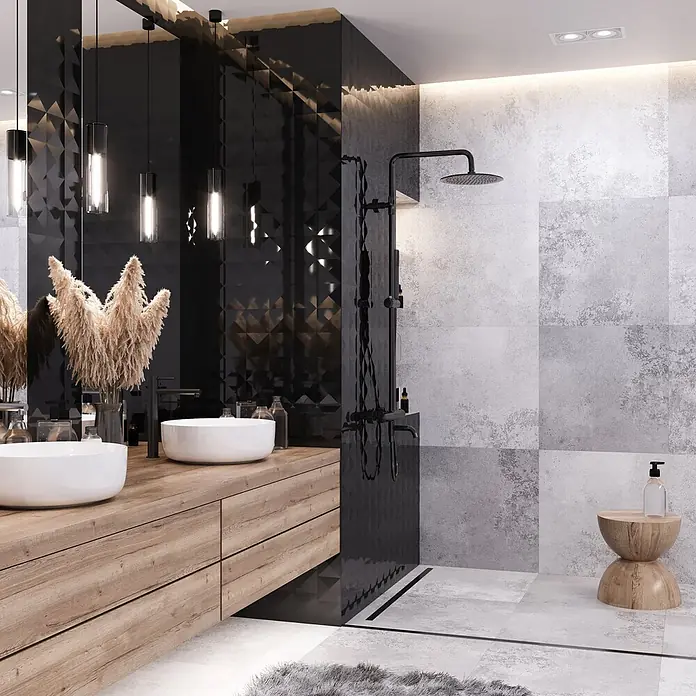 Komplettes Duschsystem Thermostatisch LUGO Unterputz Armatur Wasserhahn mit Kopfbrause in Schwarz -  - Modernes Badezimmerdesign mit einem hölzernen Doppelwaschtisch, weißen Waschbecken, schwarzen Armaturen und kontrastierenden dunklen Geometrie- und hellen Beton-Wandfliesen.