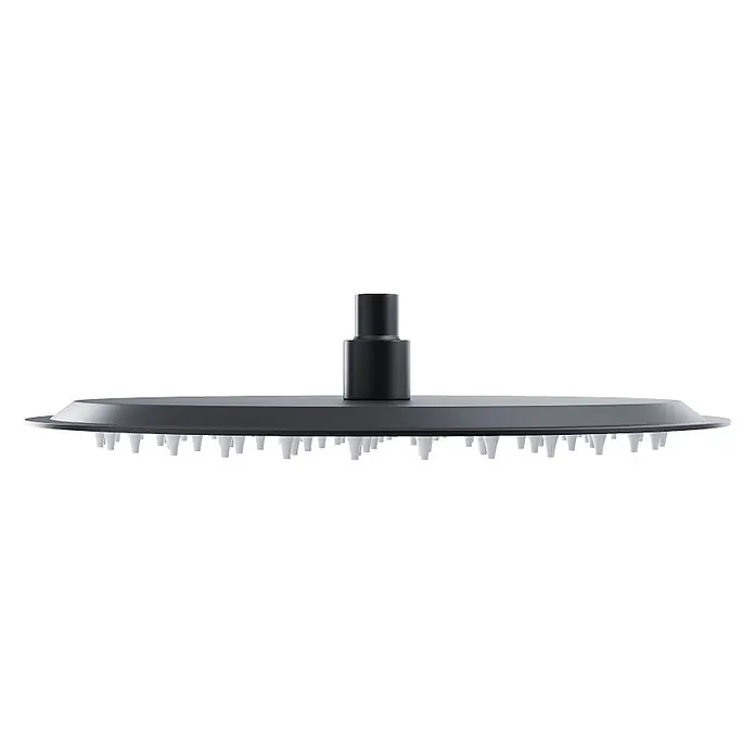 Komplettes Duschsystem Thermostatisch LUGO Unterputz Armatur Wasserhahn mit Kopfbrause in Schwarz -  - Runder, dunkelgrauer Duschkopf mit weißen Silikondüsen und zentralem schwarzem Anschluss.
