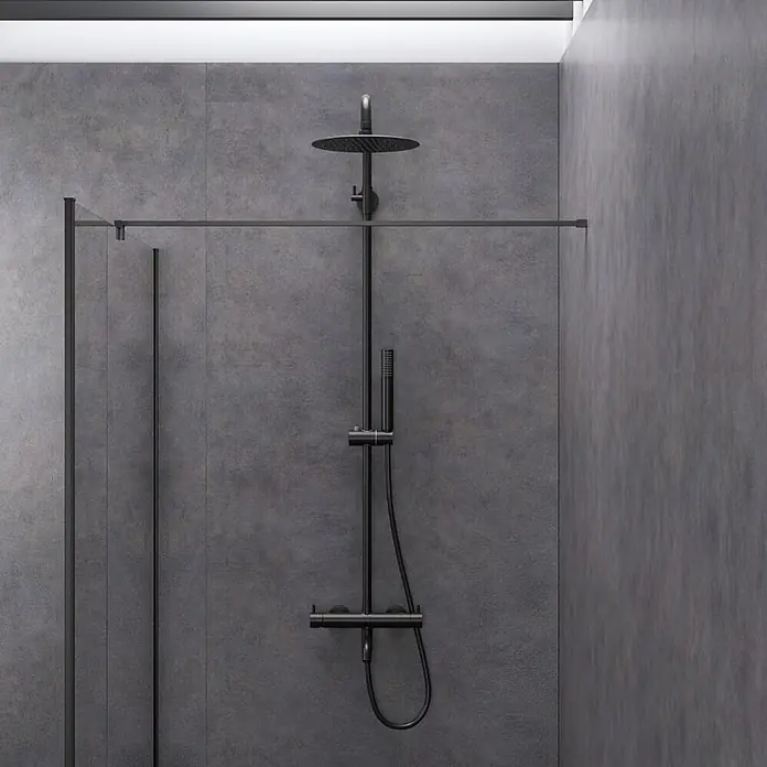 Komplettes Duschsystem Thermostatisch LUGO Unterputz Armatur Wasserhahn mit Kopfbrause in Schwarz -  - Schwarzes mattes Duschsystem mit Kopf- und Handbrause sowie Thermostatmischer.