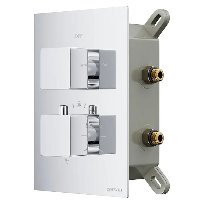 Unterputz Brausearmatur Thermostatisch BOX Verdeckter Einbau Mischer für Badezimmer in Chrom -  - Verchromter quadratischer Thermostat-Duschmischer mit zwei Griffen für Durchfluss- und Temperaturregelung.