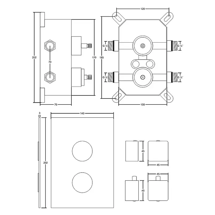 Bad Land UP-Brausethermostat BOX UP-Brausethermostat Chrom - Eckig, Chrom, Matt - Technische Zeichnung einer Unterputz-Duscharmatur mit verschiedenen Maßansichten. Zeigt Hauptkörper, G 1/2"-Anschlüsse und Bediengriffe.