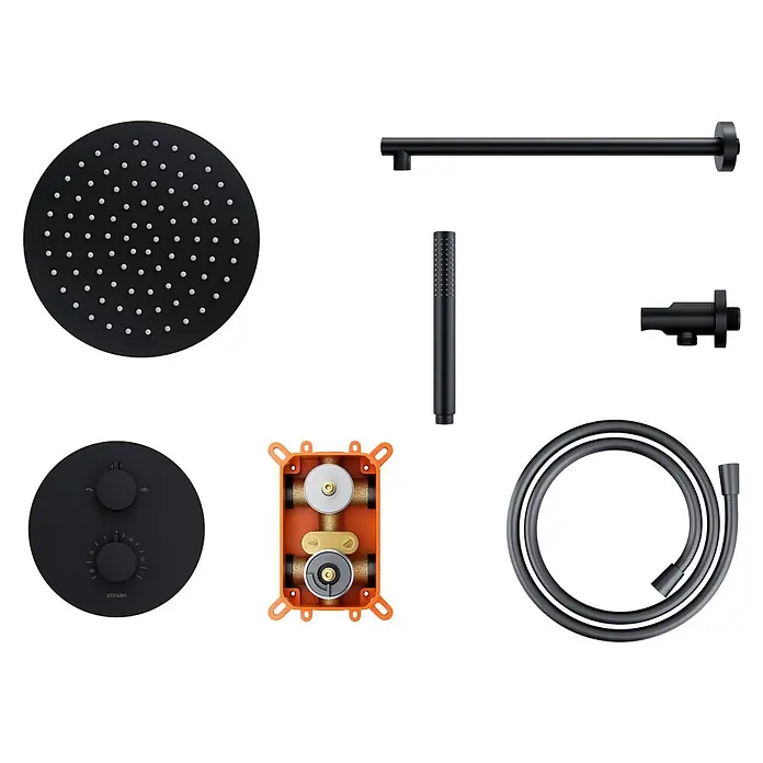 Komplettes Duschsystem Thermostatisch LUGO Unterputz Armatur Wasserhahn mit Kopfbrause in Schwarz -  - Set mattschwarzer Duschsystemkomponenten: Regenduschkopf, Handbrause, Bedienelemente und Schlauch.