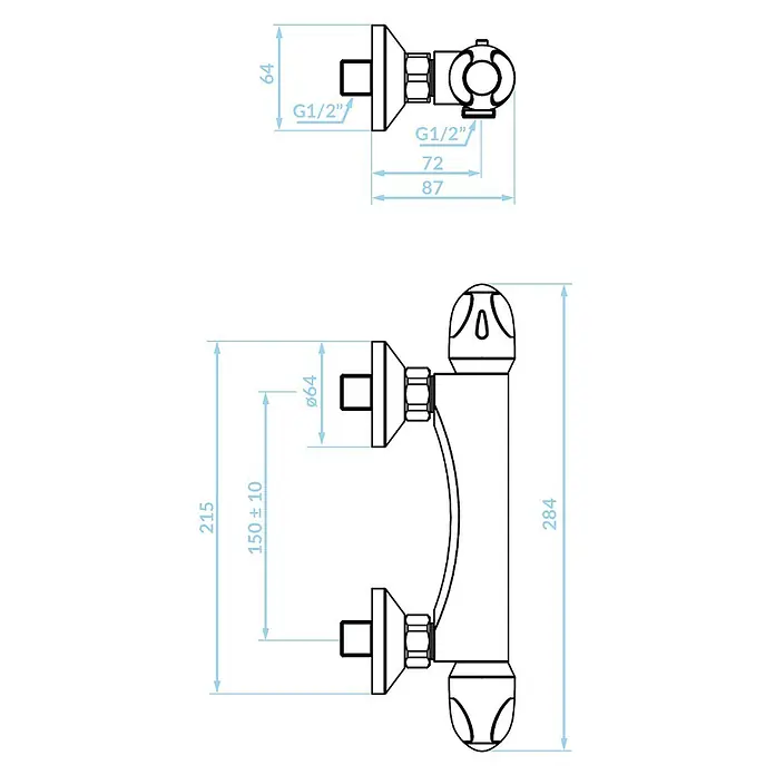Brausearmatur Thermostatisch MER ROUGE Brausebatterie für Badezimmer in Chrom -  - Technische Zeichnung eines Wandduschmischers mit Maßen, inkl. G1/2"-Anschlüssen und 150±10mm Rohrabstand.
