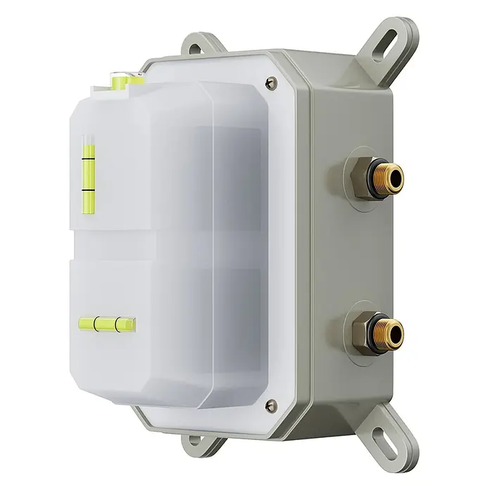 Bad Land UP-Brausethermostat BOX UP-Brausethermostat Chrom - Eckig, Chrom, Matt - Grauer Unterputzkasten für Armaturen mit transluzenter Abdeckung, integrierten Wasserwaagen und zwei Messinganschlüssen.