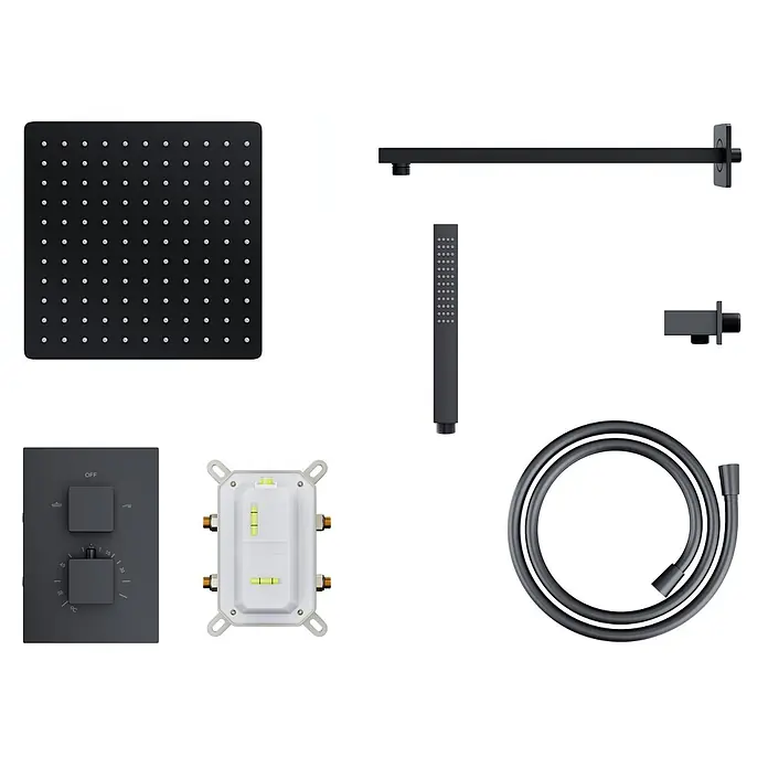 Komplettes Duschsystem Thermostatisch ADOUR Unterputz Armatur Wasserhahn mit Kopfbrause in Schwarz -  - Mattschwarzes Duschsystem mit quadratischem Regenkopf, Handbrause, Mischbatterie, Arm, Schlauch und Wandanschluss für modernes Bad.