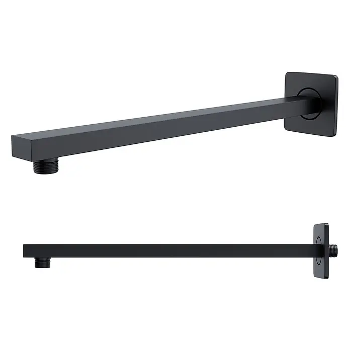Bad Land UP-Brausethermostat ADOUR Duschsystem Set thermostatisch UP mit Kopfbrause Schwarz - Eckig, Schwarz, Matt - Mattschwarzer quadratischer Duscharm mit Wandrosette, aus zwei Perspektiven gezeigt.