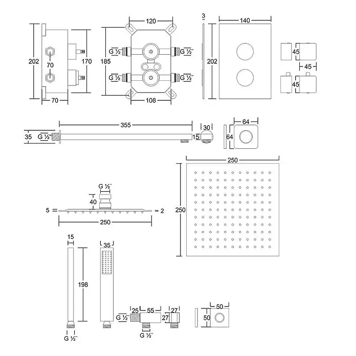 Komplettes Duschsystem Thermostatisch ADOUR Unterputz Armatur Wasserhahn mit Kopfbrause in Schwarz -  - Technische Zeichnung eines Duschsystems mit Unterputzarmatur, Kopfbrause, Handbrause und Maßen.