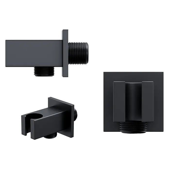 Bad Land UP-Brausethermostat ADOUR Duschsystem Set thermostatisch UP mit Kopfbrause Schwarz - Eckig, Schwarz, Matt - Schwarzer quadratischer Dusch-Wandanschluss mit Schlauchverbindung und Halterung.