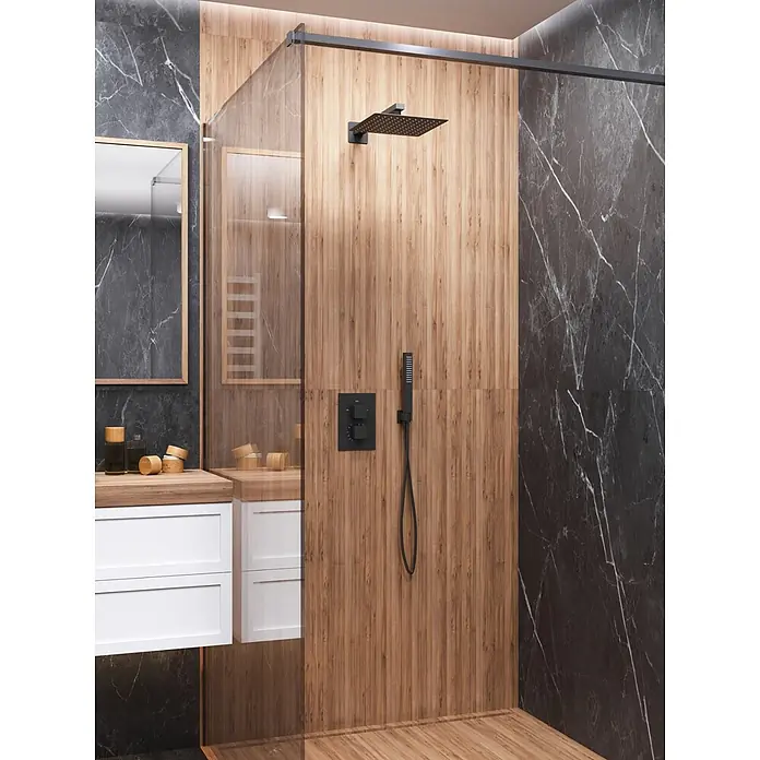 Bad Land UP-Brausethermostat ADOUR Duschsystem Set thermostatisch UP mit Kopfbrause Schwarz - Eckig, Schwarz, Matt - Moderne Dusche mit schwarzem Regenduschkopf, Handbrause und Bedienelementen an holzgetäfelter Wand in elegantem Bad.