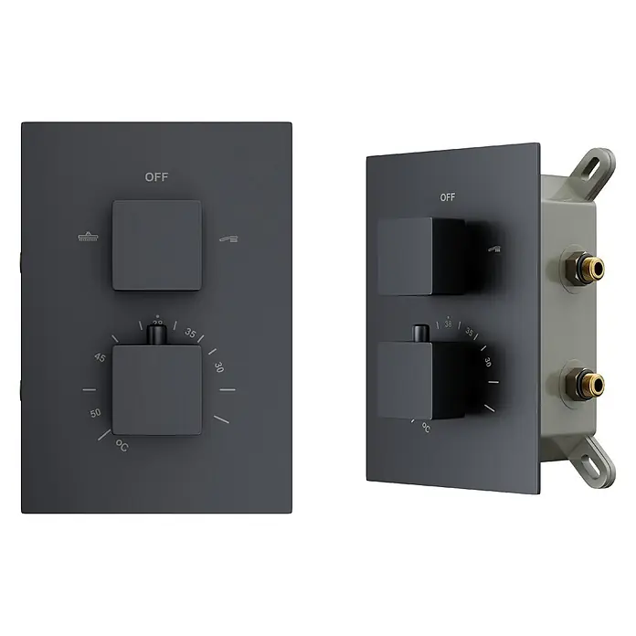 Komplettes Duschsystem Thermostatisch ADOUR Unterputz Armatur Wasserhahn mit Kopfbrause in Schwarz -  - Mattschwarzer Duschthermostat mit zwei quadratischen Reglern: einer für die Funktion (Kopf-/Handbrause) und einer für die Temperatur (20-50°C).