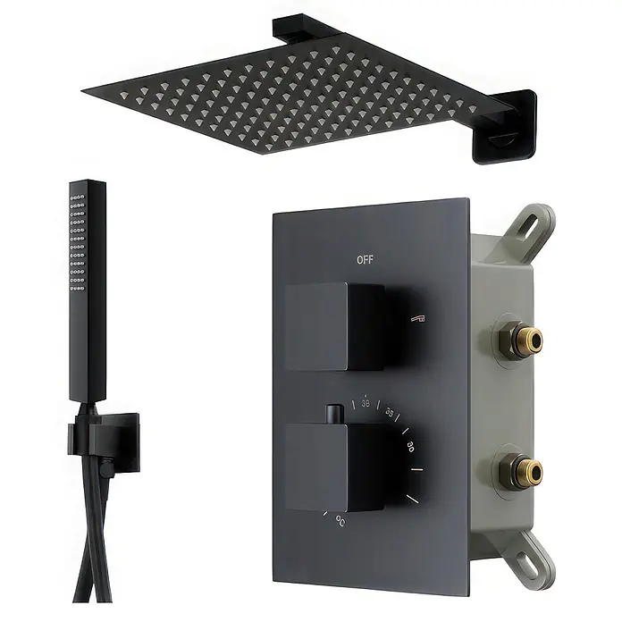 Komplettes Duschsystem Thermostatisch ADOUR Unterputz Armatur Wasserhahn mit Kopfbrause in Schwarz -  - Mattschwarzes quadratisches Duschsystem mit Regenduschkopf, Handbrause und Thermostatmischer mit Temperaturregelung.