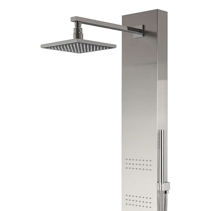 Bad Land UP-Brausethermostat NEO Duschpaneel thermostatisch mit Kopfbrause Massage Wasserfall Stahl - Eckig, Stahl, Matt - Gebürstete Metall-Duschsäule mit eckigem Regenbrausekopf, Massagedüsen und Handbrause.