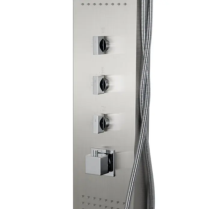 Duschpaneel Thermostatisch Edelstahl NEO Massage Wasserfall mit Kopfbrause in Stahl -  - Duschpaneel aus gebürstetem Edelstahl mit mehreren Drehknöpfen, einem Mischhebel und einem flexiblen Schlauch.