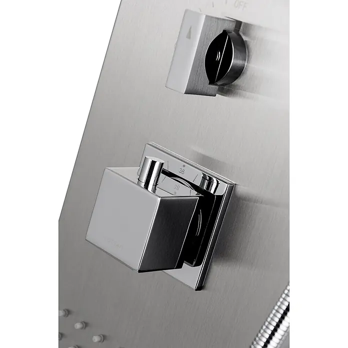 Duschpaneel Thermostatisch Edelstahl NEO Massage Wasserfall mit Kopfbrause in Stahl -  - Gebürstetes Edelstahl-Duschbedienfeld mit zwei Chromknöpfen, einer für Temperatur (38°C) und einer für Funktion mit 'OFF' Anzeige.