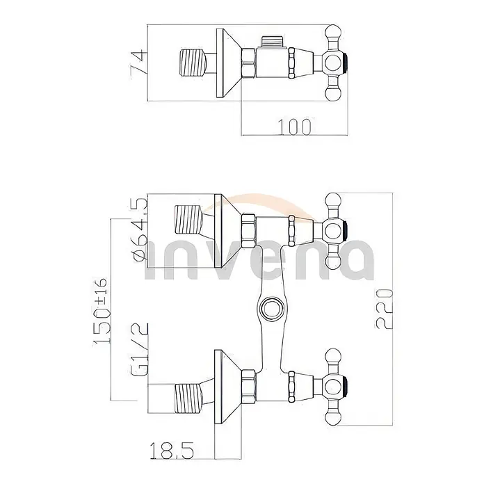 Komplette Set Brausearmatur Wasserhahn ROMA Brausebatterie für Badezimmer in Silber -  - Technische Zeichnung einer wandmontierten Zweigriff-Mischbatterie mit Kreuzgriffen und Maßen.