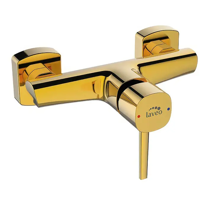 Brausearmatur Wasserhahn POLA Brausebatterie für Badezimmer in Gold -  - Polierte goldene Wand-Duscharmatur mit Einhebelgriff und Heiß-/Kaltanzeigen.