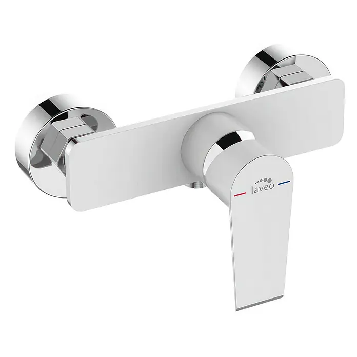 Brausearmatur Wasserhahn LARGO Brausebatterie für Badezimmer in Weiß-Silber -  - Wandmontierte Chrom-Duscharmatur mit Einhebelmischer und roten und blauen Temperaturanzeigen.