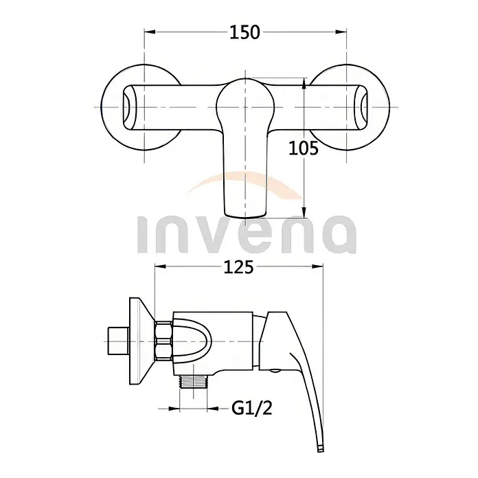 Brausearmatur Wasserhahn MALTA Brausebatterie für Badezimmer in Silber -  - Technische Zeichnung einer Wand-Duscharmatur mit 150mm Achsabstand und G1/2 Anschluss.