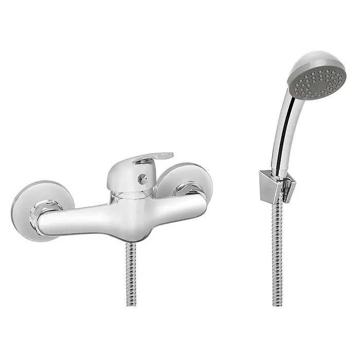 Komplette Set Brausearmatur Wasserhahn MITRIS Brausebatterie für Badezimmer in Silber -  - Verchromte Duscharmatur mit Einhebelmischer, verbunden mit Handbrause und flexiblem Schlauch.