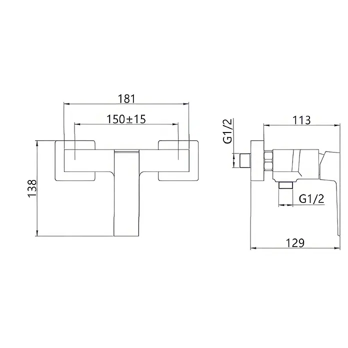 Bad Land UP-Brausearmatur PAROS Brausearmatur Schwarz - Schwarz, Matt - Technische Zeichnung einer Wandarmatur mit Vorder- und Seitenansicht, Maßen wie 150±15 mm Abstand und G1/2 Anschlüssen.