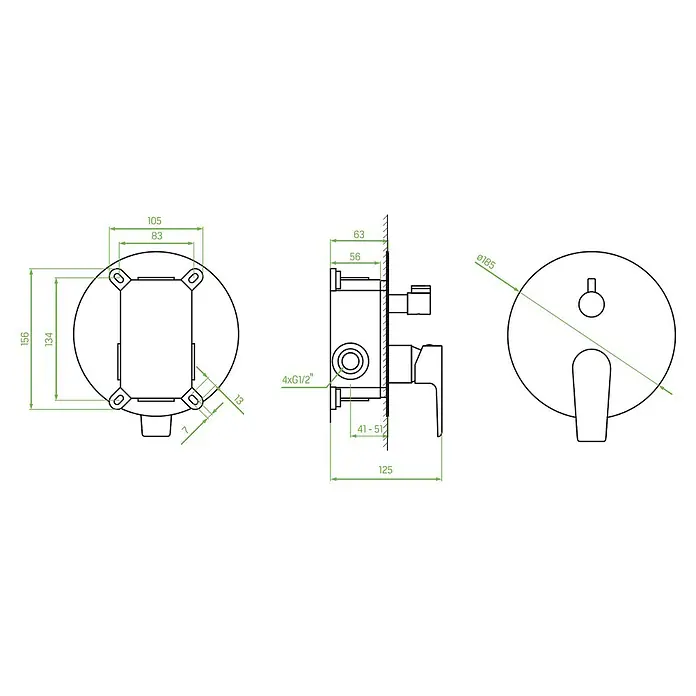 Unterputz Brausearmatur LARGO Verdeckter Einbau Mischer für Badezimmer in Weiß-Silber -  - Technisches Diagramm eines Unterputz-Duschmischers mit Vorder-, Seiten- und Draufsicht, Maßen und G1/2"-Anschlüssen.