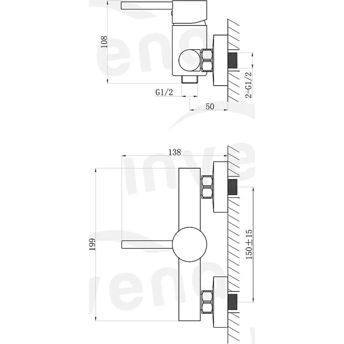 Brausearmatur Wasserhahn DAFNI Brausebatterie für Badezimmer in Silber -  - Technisches Diagramm eines wandmontierten Wasserhahns mit detaillierten Maßen und Anschlüssen (G1/2).