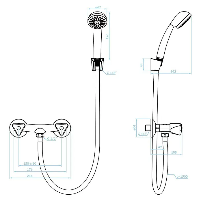 Komplette Set Brausearmatur Wasserhahn NORM Brausebatterie für Badezimmer in Chrom -  - Technische Zeichnung eines Duschsets mit Handbrause, Schlauch und Wandmischbatterie mit Maßen.