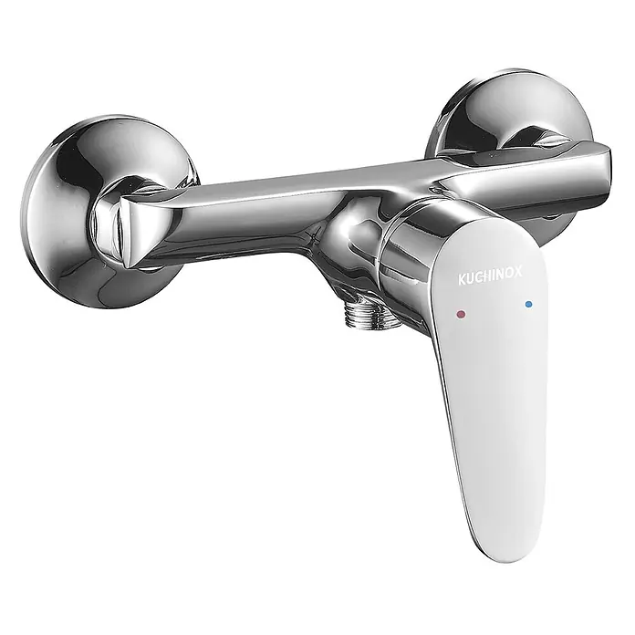 Brausearmatur Wasserhahn SAGRA Brausebatterie für Badezimmer in Chrom -  - Verchromte Duscharmatur mit weißem Griff und Warm-/Kaltwasseranzeige.