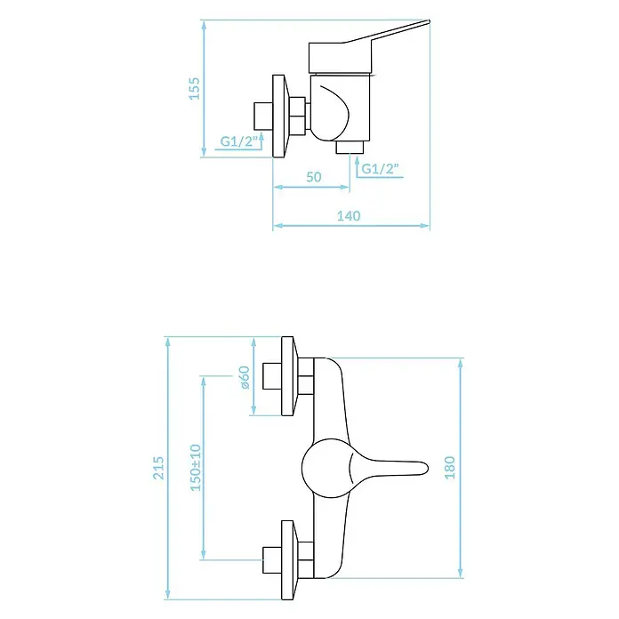 Brausearmatur Wasserhahn TIBI Brausebatterie für Badezimmer in Chrom -  - Technische Zeichnung eines Wand-Duschmischers mit Maßen und G1/2"-Anschlüssen.