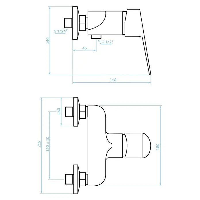 Brausearmatur Wasserhahn SAGRA Brausebatterie für Badezimmer in Chrom -  - Technisches Diagramm eines Wand-Bad- oder Duschmischers mit G 1/2"-Anschlüssen und Abmessungen.