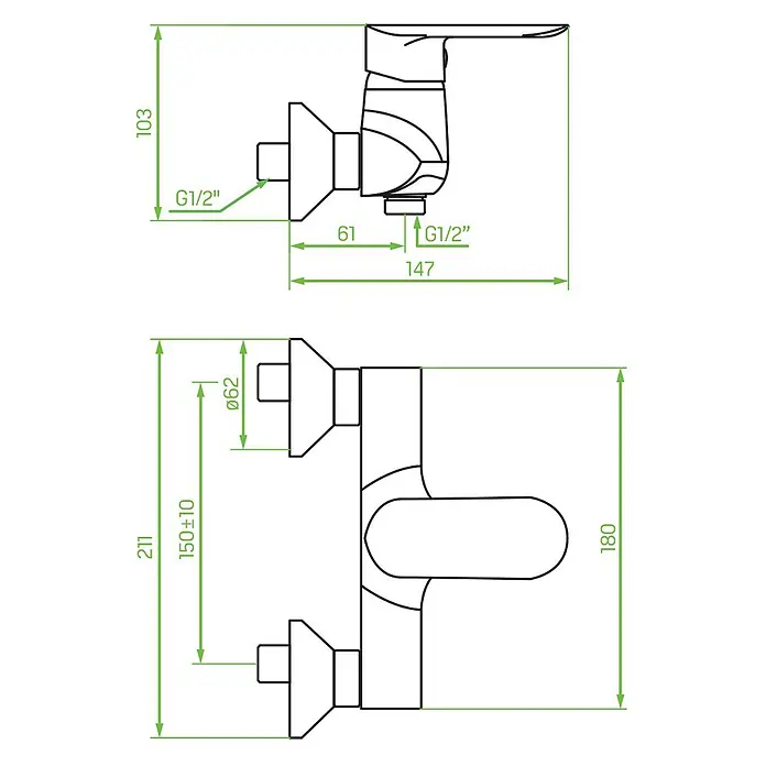 Brausearmatur Wasserhahn APPIA Brausebatterie für Badezimmer in Silber -  - Technisches Zeichnung einer wandmontierten Chrom-Mischbatterie mit Maßen und G1/2"-Anschlüssen für Sanitäranlagen.