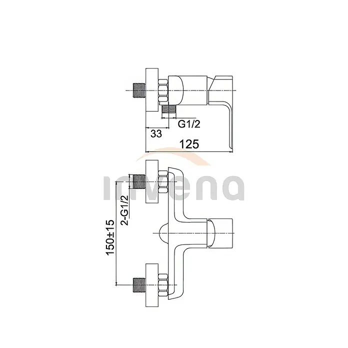 Brausearmatur Wasserhahn NYKS Brausebatterie für Badezimmer in Silber -  - Technische Zeichnung eines Mischventils mit G1/2-Gewinden und Maßen, inkl. 150±15mm Abstand.
