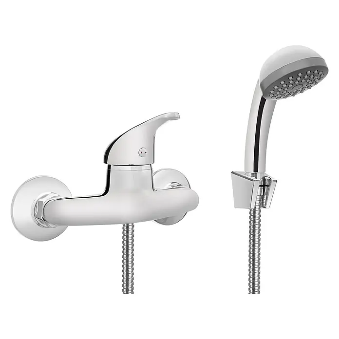 Komplette Set Brausearmatur Wasserhahn PEREA Brausebatterie für Küche in Silber -  - Verchromte Brausearmatur mit Einhebelmischer und Handbrause mit flexiblem Metallschlauch. Der Brausekopf hat eine graue Sprühfläche.