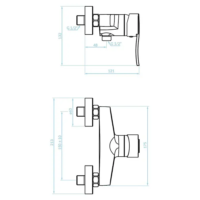 Brausearmatur Wasserhahn MADERA Brausebatterie für Badezimmer in Chrom -  - Technisches Diagramm eines Wandduschmischers mit G 1/2 Zoll Anschlüssen und Maßen.
