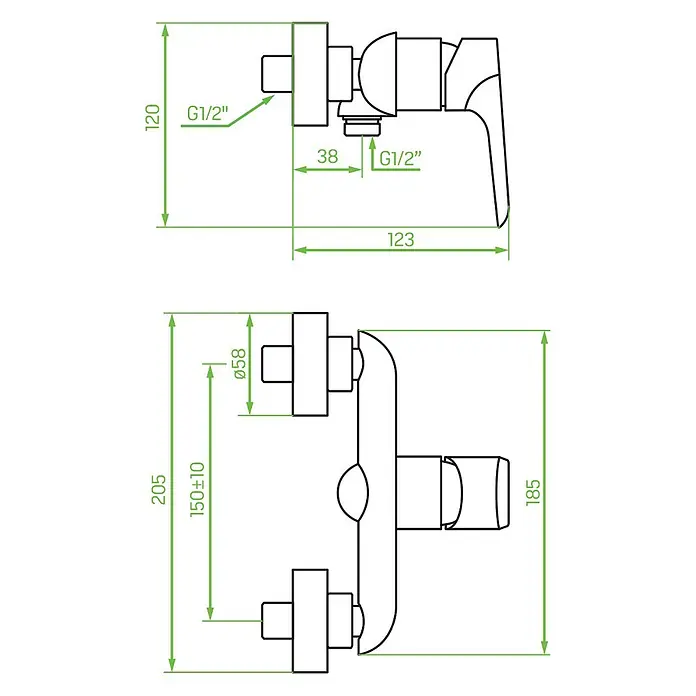 Brausearmatur Wasserhahn ALEA Brausebatterie für Badezimmer in Silber -  - Technische Zeichnung einer wandmontierten Einhebel-Brausearmatur mit Maßangaben, G1/2"-Anschlüssen und Installationsmaßen.